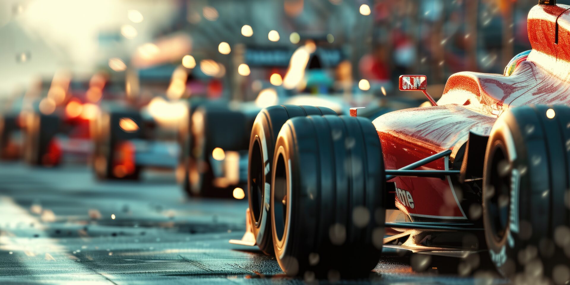 Group Of Racing Car Moving At High Speed Along Racetrack With High Speed. Aig42.